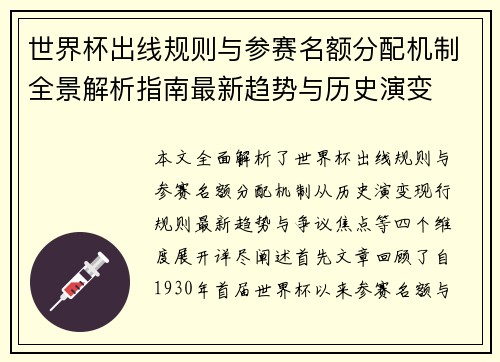 世界杯出线规则与参赛名额分配机制全景解析指南最新趋势与历史演变