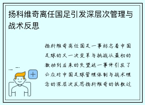 扬科维奇离任国足引发深层次管理与战术反思 扬科维奇离任国足引发深层次管理与战术反思
